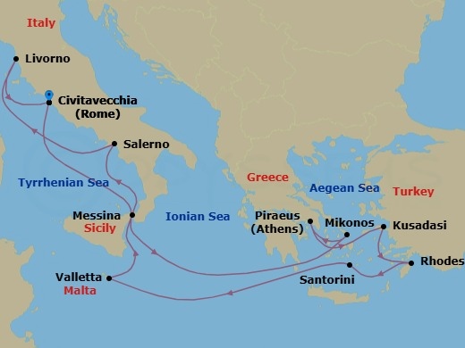 12 Night - Greek Isles & Italy - Norwegian Epic - Starting in Civitavecchia Rome, Italy, Mykonos, Greece, Piraeus / Athens, Greece, Kusadasi, Turkey, Rhodes, Greece, Santorini Island, Greece, Valletta, Malta, Messina, Italy, Amalfi Coast (Salerno), Italy, Livorno / Florence / Pisa, Italy, Civitavecchia Rome, Italy itinerary map