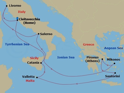 10 Night - Greek Isles & Italy - Norwegian Epic - Starting in Civitavecchia Rome, Italy, Mykonos, Greece, Piraeus / Athens, Greece, Santorini Island, Greece, Valletta, Malta, Catania, Italy, Amalfi Coast (Salerno), Italy, Livorno / Florence / Pisa, Italy, Civitavecchia Rome, Italy itinerary map