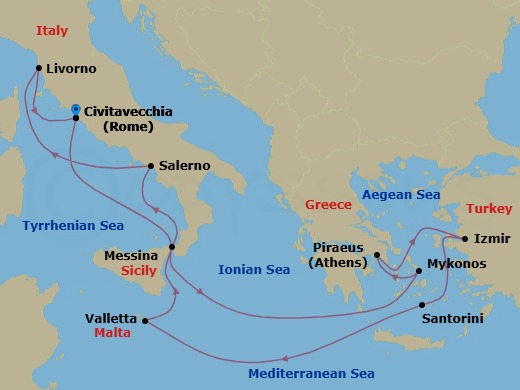 11 Night - Greek Isles & Italy - Norwegian Epic - Starting in Civitavecchia Rome, Italy, Mykonos, Greece, Piraeus / Athens, Greece, Izmir / Ephesus, Turkey, Santorini Island, Greece, Valletta, Malta, Messina, Italy, Amalfi Coast (Salerno), Italy, Livorno / Florence / Pisa, Italy, Civitavecchia Rome, Italy itinerary map