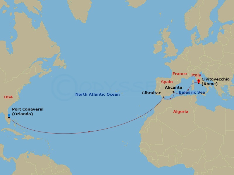 12 Night - Repo - Transatlantic - Norwegian Epic - Starting in Orlando Beaches / Port Canaveral, Fl, Gibraltar, Alicante, Spain, Civitavecchia Rome, Italy itinerary map
