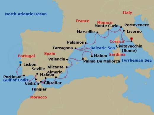 21 Night - Spain & Italy Combination Cruise : Seville, Valencia & Florence - Azamara Journey - Starting in Lisbon, Portimao, Seville, Cadiz, Tangier, Malaga, Gibraltar, Almeria, Alicante, Valencia, Palma, Majorca, Mahon, Menorca, Barcelona (Tarragona), Palamos, Provence (Marseille), Monte Carlo, Porto Venere, Florence / Pisa (Livorno), Rome (Civitavecchia) itinerary map