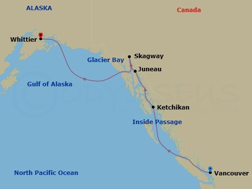 7 Night - Alaska - Northbound Whittier - Norwegian Jade - Starting in Vancouver, Canada, Cruise Inside Passage Al, Ketchikan (Ward Cove), Ak, Juneau, Ak, Skagway, Ak, Cruise Glacier Bay, Ak, Whittier, Ak itinerary map