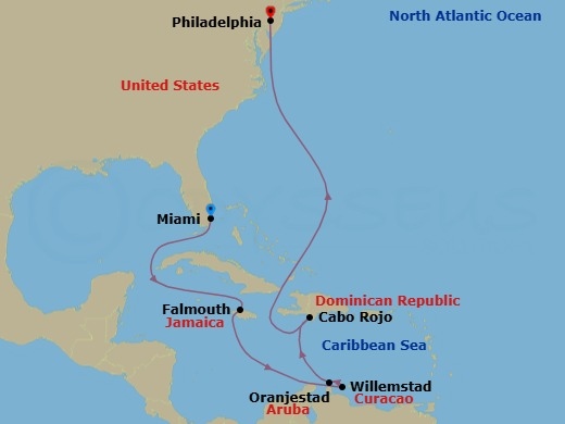 10 Night - Caribbean-Philadelphia - Norwegian Gem - Starting in Miami, Fl, Falmouth, Jamaica, Willemstad AN, Netherlands Antilles, Oranjestad, Aruba, Cabo Rojo, Dominican Republic, Philadelphia, Pa itinerary map