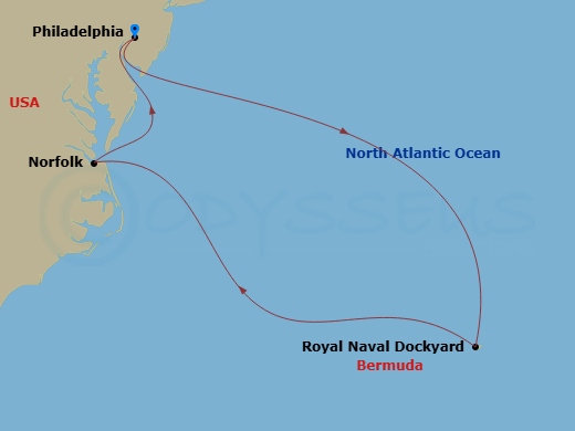 7 Night - Bermuda-Philadelphia - Norwegian Gem - Starting in Philadelphia, Pa, Royal Naval Dockyard, Bermuda, Virginia Beach (Norfolk), Va, Philadelphia, Pa itinerary map