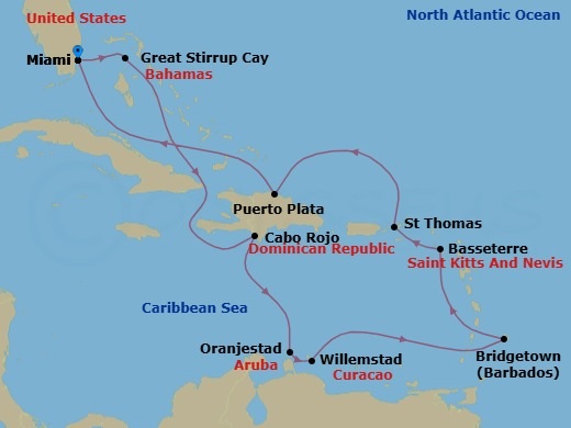 12 Night - Southern Caribbean - Miami - Norwegian Gem - Starting in Miami, Fl, Great Stirrup Cay, Bahamas, Cabo Rojo, Dominican Republic, Oranjestad, Aruba, Willemstad AN, Netherlands Antilles, Bridgetown, Barbados, Basseterre, Saint Kitts / Nevis, St Thomas, Vi, Puerto Plata, Dominican Republic, Miami, Fl itinerary map