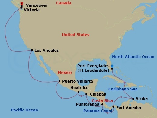 20 Night - Panama Canal & Pacific Coast - Emerald Princess - Starting in Fort Lauderdale, Florida, Aruba, Panama Canal Full Transit New Locks, Fuerte Amador, Panama (for Panama City), Puntarenas, Costa Rica, Puerto Chiapas, Mexico, Huatulco, Mexico, Puerto Vallarta, Mexico, Los Angeles, California, Victoria CA, Vancouver, Canada itinerary map