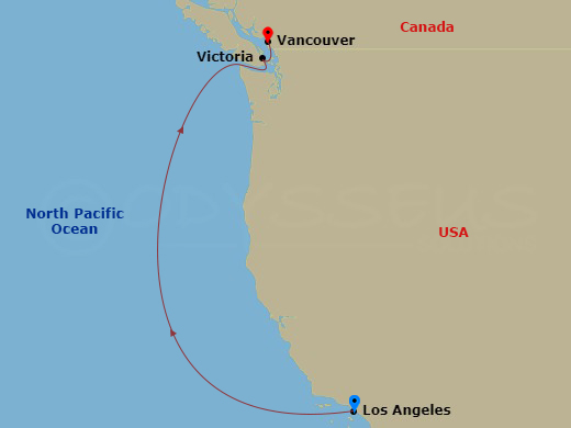 4 Night - Pacific Coastal - Emerald Princess - Starting in Los Angeles, California, Victoria CA, Vancouver, Canada itinerary map