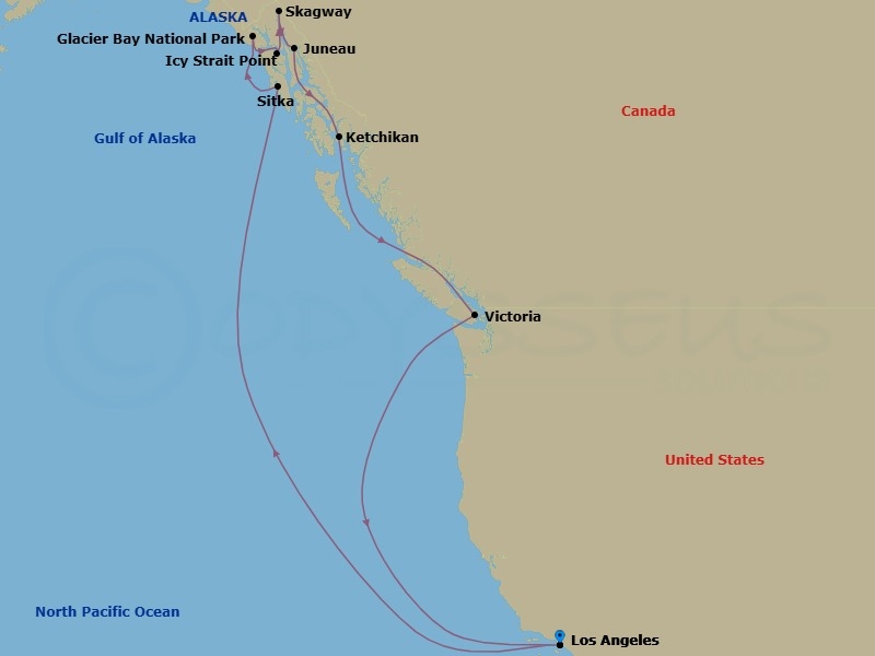 16 Night - Inside Passage (with Glacier Bay National Park) - Emerald Princess - Starting in Los Angeles, California, Sitka, Alaska, Glacier Bay National Park (Scenic Cruising), Alaska, Icy Strait Point, Alaska, Skagway, Alaska, Juneau, Alaska, Ketchikan, Alaska, Victoria CA, Los Angeles, California itinerary map