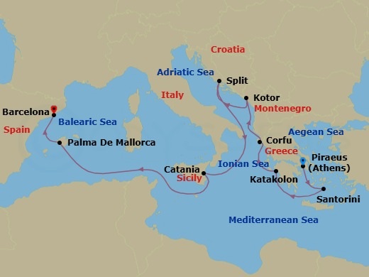 10 Night - Greek Isles & Italy - Norwegian Pearl - Starting in Piraeus / Athens, Greece, Santorini Island, Greece, Olympia / Katakolon, Greece, Corfu, Greece, Kotor, Montenegro, Split, Croatia, Catania, Italy, Palma Majorca, Spain, Barcelona, Spain itinerary map