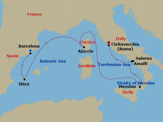 7 Night - Italy, France and Spain - Queen Victoria - Starting in Barcelona, Spain, Ibiza, Spain, Ajaccio, Corsica, France, Messina Strait, Italy (Transit), Messina, Sicily, Italy, Salerno (tours to Capri or Pompeii), Italy, Amalfi Coast Sail By, IT, Civitavecchia (tours to Rome), Italy itinerary map