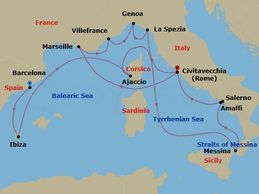 14 Night - Italy, France and Spain - Queen Victoria - Starting in Barcelona, Spain, Ibiza, Spain, Ajaccio, Corsica, France, Messina Strait, Italy (Transit), Messina, Sicily, Italy, Salerno (tours to Capri or Pompeii), Italy, Amalfi Coast Sail By, IT, Civitavecchia (tours to Rome), Italy, Marseille, France, Villefranche, France, Genoa, Italy, La Spezia (tours to Florence or Pisa), Italy, Civitavecchia (tours to Rome), Italy itinerary map
