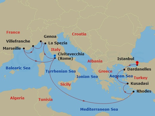 14 Night - Istanbul, Greek Islands and Mediterranean - Queen Victoria - Starting in Civitavecchia (tours to Rome), Italy, Marseille, France, Villefranche, France, Genoa, Italy, La Spezia (tours to Florence or Pisa), Italy, Civitavecchia (tours to Rome), Italy, Messina Strait, Italy (Transit), Rhodes, Greece, Kusadasi (tours to Ephesus), Turkey, Dardanelles Strait, Turkey (Transit), Istanbul, Turkey itinerary map
