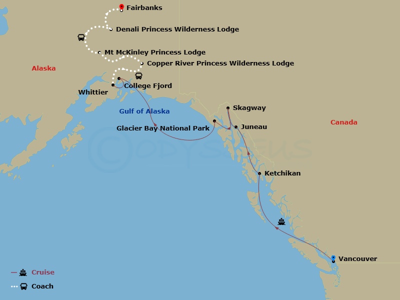 13 Night - Denali Explorer - Tour Ma6 - Crown Princess Tours - Starting in Vancouver, Canada, Ketchikan, Alaska, Juneau, Alaska, Skagway, Alaska, Glacier Bay National Park (Scenic Cruising), Alaska, College Fjord (Scenic Cruising), Alaska, Anchorage (Whittier), Alaska, Copper River Princess Wilderness Lodge, Mount Mckinley Princess Wilderness Lodge, Denali Princess Wilderness Lodge, Fairbanks itinerary map