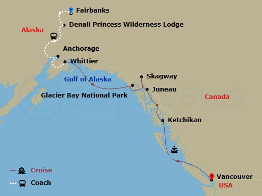 11 Night - Denali Escorted - Tour Rb4 - Crown Princess Tours - Starting in Fairbanks, Denali Princess Wilderness Lodge, Anchorage (Whittier), Alaska, Hubbard Glacier (Scenic Cruising), Alaska, Glacier Bay National Park (Scenic Cruising), Alaska, Skagway, Alaska, Juneau, Alaska, Ketchikan, Alaska, Vancouver, Canada itinerary map