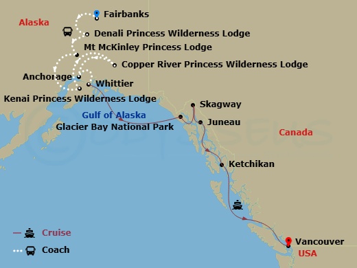 15 Night - Denali Explorer - Tour Qb8 - Crown Princess Tours - Starting in Fairbanks, Denali Princess Wilderness Lodge, Mount Mckinley Princess Wilderness Lodge, Kenai Princess Wilderness Lodge, Copper River Princess Wilderness Lodge, Anchorage (Whittier), Alaska, Hubbard Glacier (Scenic Cruising), Alaska, Glacier Bay National Park (Scenic Cruising), Alaska, Skagway, Alaska, Juneau, Alaska, Ketchikan, Alaska, Vancouver, Canada itinerary map
