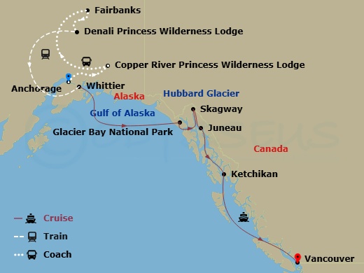 14 Night - Denali Explorer - Tour Ob7 - Crown Princess Tours - Starting in Anchorage, Copper River Princess Wilderness Lodge, Fairbanks, Denali Princess Wilderness Lodge, Anchorage (Whittier), Alaska, Hubbard Glacier (Scenic Cruising), Alaska, Glacier Bay National Park (Scenic Cruising), Alaska, Skagway, Alaska, Juneau, Alaska, Ketchikan, Alaska, Vancouver, Canada itinerary map