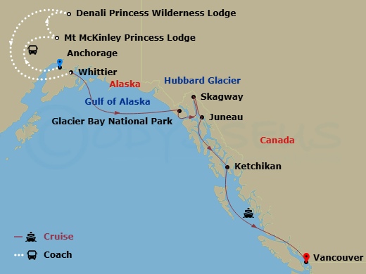 12 Night - Denali Explorer - Tour Kb5 - Crown Princess Tours - Starting in Anchorage, Mount Mckinley Princess Wilderness Lodge, Denali Princess Wilderness Lodge, Anchorage (Whittier), Alaska, Hubbard Glacier (Scenic Cruising), Alaska, Glacier Bay National Park (Scenic Cruising), Alaska, Skagway, Alaska, Juneau, Alaska, Ketchikan, Alaska, Vancouver, Canada itinerary map