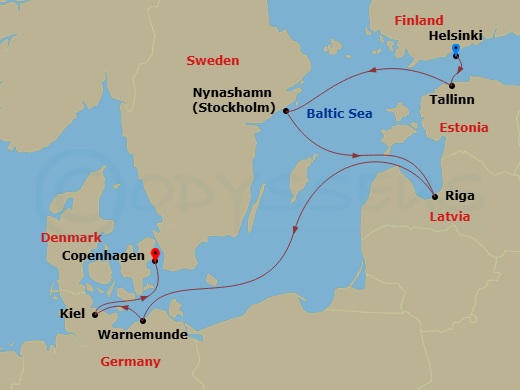 7 Night - Europe - Baltic - Norwegian Jewel - Starting in Helsinki, Finland, Tallinn, Estonia, Nynashamn / Stockholm, Sweden, Riga, Latvia, Warnemunde / Berlin, Germany, Hamburg (Kiel), Germany, Copenhagen, Denmark itinerary map