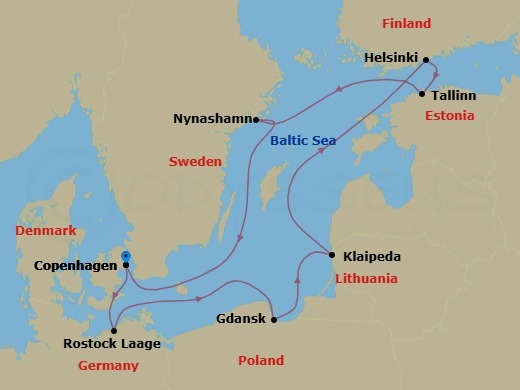 9 Night - Europe - Baltic - Norwegian Jewel - Starting in Copenhagen, Denmark, Berlin (Rostock), Germany, Gdynia / Gdansk, Poland, Klaipeda, Lithuania, Helsinki, Finland, Tallinn, Estonia, Nynashamn / Stockholm, Sweden, Copenhagen, Denmark itinerary map