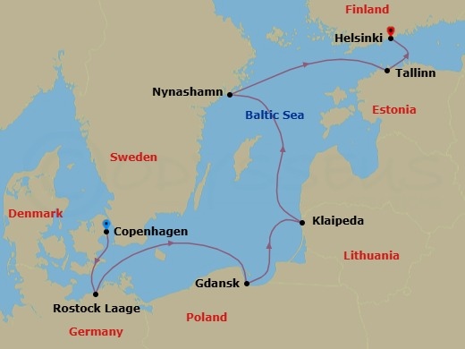 7 Night - Europe - Baltic - Norwegian Jewel - Starting in Copenhagen, Denmark, Berlin (Rostock), Germany, Gdynia / Gdansk, Poland, Klaipeda, Lithuania, Nynashamn / Stockholm, Sweden, Tallinn, Estonia, Helsinki, Finland itinerary map