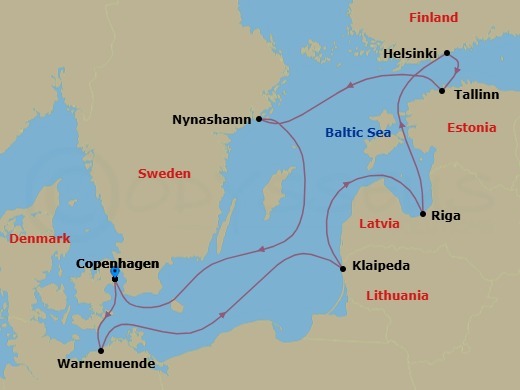 9 Night - Europe - Baltic - Norwegian Jewel - Starting in Copenhagen, Denmark, Warnemunde / Berlin, Germany, Klaipeda, Lithuania, Riga, Latvia, Helsinki, Finland, Tallinn, Estonia, Nynashamn / Stockholm, Sweden, Copenhagen, Denmark itinerary map