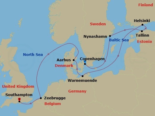 10 Night - Europe - Baltic - Norwegian Jewel - Starting in Copenhagen, Denmark, Nynashamn / Stockholm, Sweden, Tallinn, Estonia, Helsinki, Finland, Warnemunde / Berlin, Germany, Aarhus, Denmark, Zeebrugge / Brussels / Brugge, Belgium, London (Southampton), United Kingdom itinerary map