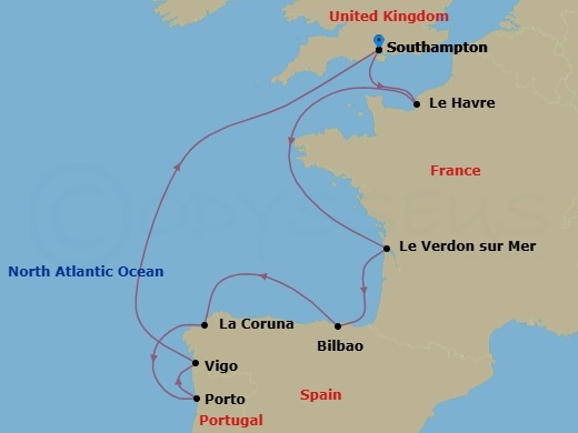 9 Night - Europe - France & Iberia - Norwegian Jewel - Starting in London (Southampton), United Kingdom, Le Havre / Paris, France, Le Verdon Bordeaux, France, Bilbao, La Coruna, Spain, Oporto, Portugal, Vigo, Spain, London (Southampton), United Kingdom itinerary map