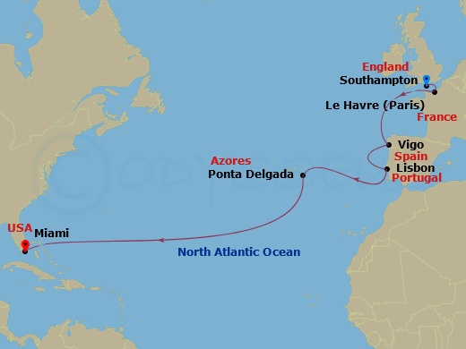 14 Night - Repo - Transatlantic - Norwegian Jewel - Starting in London (Southampton), United Kingdom, Le Havre / Paris, France, Vigo, Spain, Lisbon, Portugal, Ponta Delgada, Portugal, Miami, Fl itinerary map