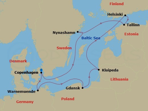 9 Night - Europe - Baltic - Norwegian Jewel - Starting in Copenhagen, Denmark, Warnemunde / Berlin, Germany, Gdynia / Gdansk, Poland, Klaipeda, Lithuania, Helsinki, Finland, Tallinn, Estonia, Nynashamn / Stockholm, Sweden, Copenhagen, Denmark itinerary map