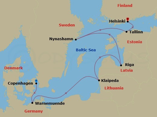 7 Night - Europe - Baltic - Norwegian Jewel - Starting in Copenhagen, Denmark, Warnemunde / Berlin, Germany, Klaipeda, Lithuania, Riga, Latvia, Nynashamn / Stockholm, Sweden, Tallinn, Estonia, Helsinki, Finland itinerary map