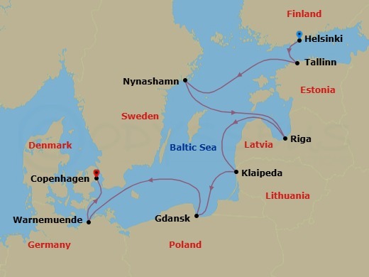 9 Night - Europe - Baltic - Norwegian Jewel - Starting in Helsinki, Finland, Tallinn, Estonia, Nynashamn / Stockholm, Sweden, Riga, Latvia, Klaipeda, Lithuania, Gdynia / Gdansk, Poland, Warnemunde / Berlin, Germany, Copenhagen, Denmark itinerary map