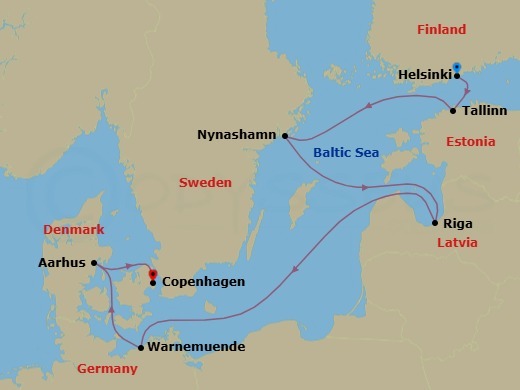 7 Night - Europe - Baltic - Norwegian Jewel - Starting in Helsinki, Finland, Tallinn, Estonia, Nynashamn / Stockholm, Sweden, Riga, Latvia, Warnemunde / Berlin, Germany, Aarhus, Denmark, Copenhagen, Denmark itinerary map