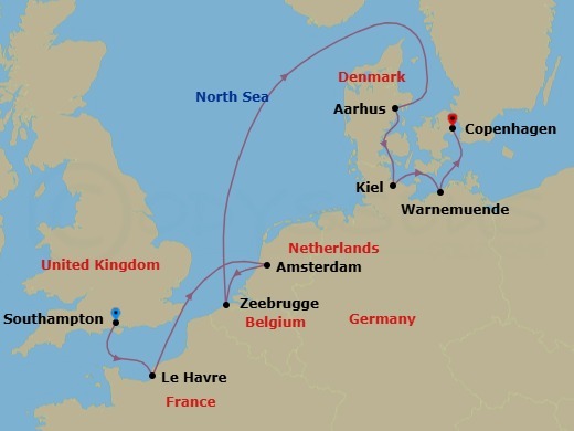 9 Night - Europe - Baltic - Norwegian Jewel - Starting in London (Southampton), United Kingdom, Le Havre / Paris, France, Amsterdam, Netherlands, Zeebrugge / Brussels / Brugge, Belgium, Aarhus, Denmark, Hamburg (Kiel), Germany, Warnemunde / Berlin, Germany, Copenhagen, Denmark itinerary map