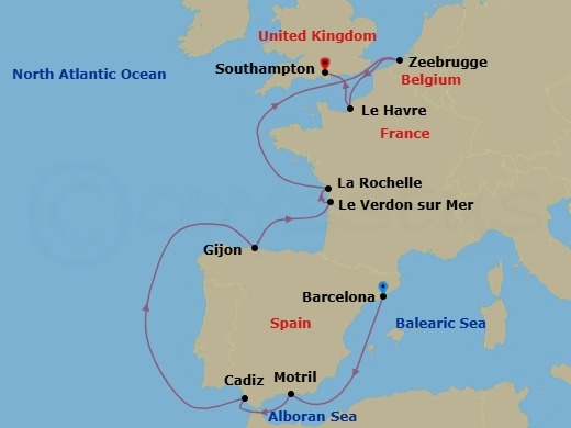 11 Night - Europe - Norwegian Jewel - Starting in Barcelona, Spain, Motril, Spain, Cadiz / Seville, Spain, Gijon, Spain, Le Verdon Bordeaux, France, La Rochelle, France, Zeebrugge / Brussels / Brugge, Belgium, Le Havre / Paris, France, London (Southampton), United Kingdom itinerary map