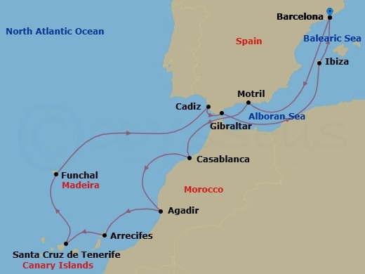 12 Night - Europe - Canary Island - Norwegian Jewel - Starting in Barcelona, Spain, Motril, Spain, Casablanca, Morocco, Agadir, Morocco, Arrecife, Spain, Santa Cruz de Tenerife, Funchal, Portugal, Cadiz / Seville, Spain, Gibraltar, Ibiza, Spain, Barcelona, Spain itinerary map