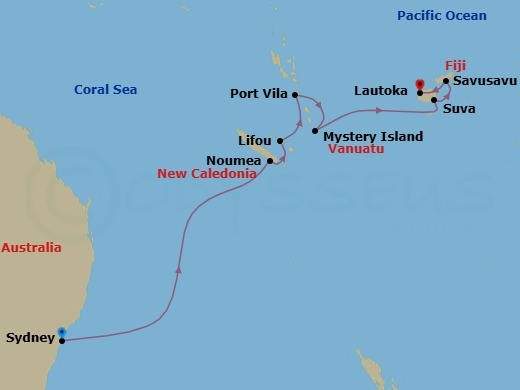 11 Night - South Pacific - Norwegian Spirit - Starting in Sydney AU, Noumea, New Caledonia, Lifou, New Caledonia, Port Vila, Vanuatu, Mystery Island, Vanuatu, Suva, Fiji, Savusavu, Fiji, Lautoka, Fiji itinerary map