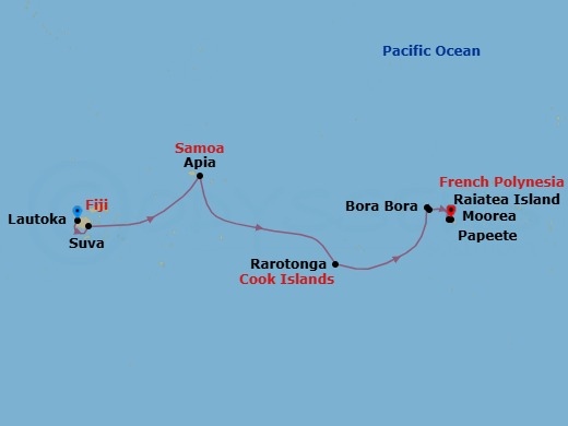 12 Night - South Pacific - Norwegian Spirit - Starting in Lautoka, Fiji, Suva, Fiji, Apia, Samoa, Cross International Dateline, at Sea, Rarotonga, Cook Islands, Bora Bora, French Polynesia, Raiatea, French Polynesia, Moorea, French Polynesia, Papeete, French Polynesia itinerary map