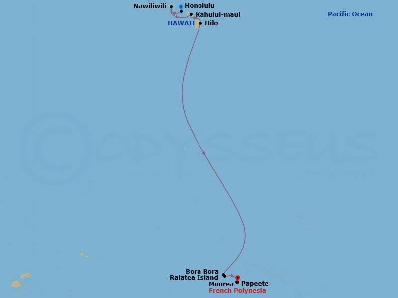 12 Night - South Pacific - Norwegian Spirit - Starting in Honolulu, Hi, Nawiliwili, Kauai, Hawaii, Kahului, Maui, Hi, Hilo, Hi, Bora Bora, French Polynesia, Raiatea, French Polynesia, Moorea, French Polynesia, Papeete, French Polynesia itinerary map