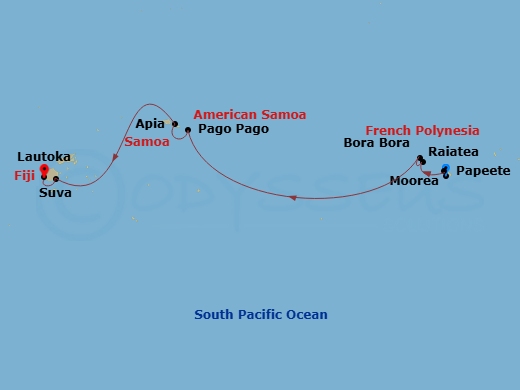 13 Night - South Pacific - Norwegian Spirit - Starting in Papeete, French Polynesia, Moorea, French Polynesia, Raiatea, French Polynesia, Bora Bora, French Polynesia, Pago Pago, American Samoa, Cross International Dateline, at Sea, Apia, Samoa, Suva, Fiji, Lautoka, Fiji itinerary map