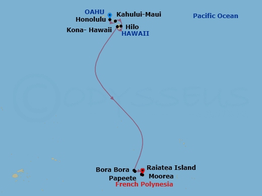 12 Night - South Pacific - Norwegian Spirit - Starting in Honolulu, Hi, Kahului, Maui, Hi, Hilo, Hi, Kona, Hi, Bora Bora, French Polynesia, Raiatea, French Polynesia, Moorea, French Polynesia, Papeete, French Polynesia itinerary map