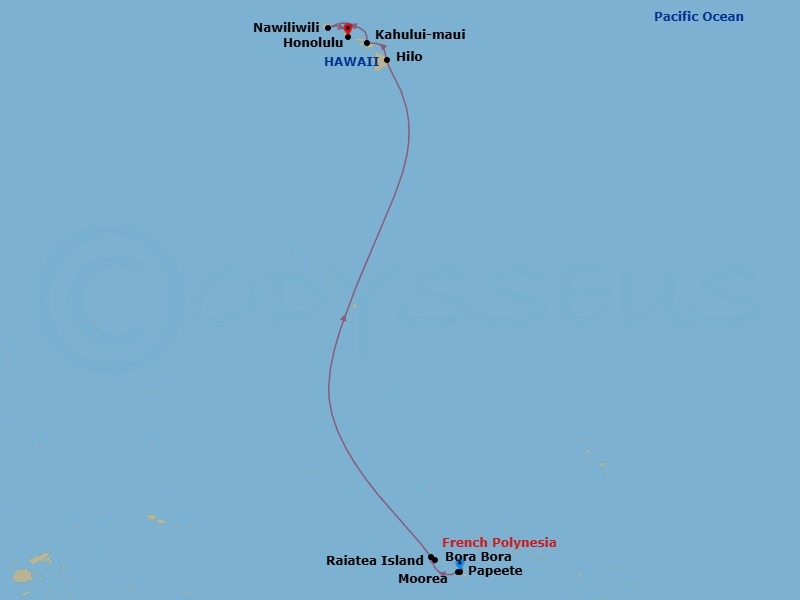 12 Night - South Pacific - Norwegian Spirit - Starting in Papeete, French Polynesia, Moorea, French Polynesia, Raiatea, French Polynesia, Bora Bora, French Polynesia, Hilo, Hi, Kahului, Maui, Hi, Nawiliwili, Kauai, Hawaii, Honolulu, Hi itinerary map
