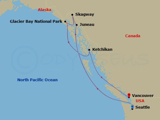 7 Night - Inside Passage (with Glacier Bay National Park) - Royal Princess - Starting in Seattle, Washington, Juneau, Alaska, Skagway, Alaska, Glacier Bay National Park (Scenic Cruising), Alaska, Ketchikan, Alaska, Vancouver, Canada itinerary map