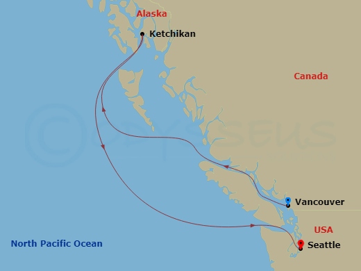 4 Night - Alaska Sampler - Royal Princess - Starting in Vancouver, Canada, Ketchikan, Alaska, Seattle, Washington itinerary map