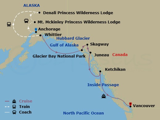 11 Night - Denali Essentials - Tour Ebx - Island Princess Tours - Starting in Anchorage, Mount Mckinley Princess Wilderness Lodge, Denali Princess Wilderness Lodge, Anchorage (Whittier), Alaska, Hubbard Glacier (Scenic Cruising), Alaska, Glacier Bay National Park (Scenic Cruising), Alaska, Skagway, Alaska, Juneau, Alaska, Ketchikan, Alaska, Vancouver, Canada itinerary map