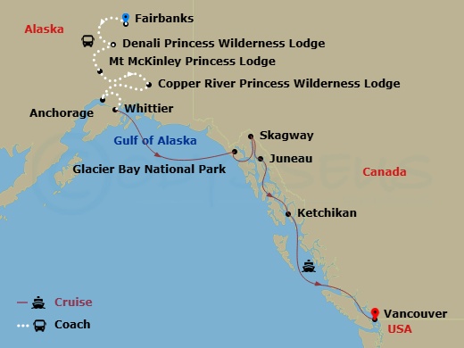 13 Night - Denali Explorer - Tour Mb6 - Island Princess Tours - Starting in Fairbanks, Denali Princess Wilderness Lodge, Mount Mckinley Princess Wilderness Lodge, Copper River Princess Wilderness Lodge, Anchorage (Whittier), Alaska, Hubbard Glacier (Scenic Cruising), Alaska, Glacier Bay National Park (Scenic Cruising), Alaska, Skagway, Alaska, Juneau, Alaska, Ketchikan, Alaska, Vancouver, Canada itinerary map