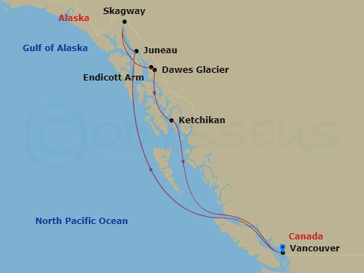 7 Night - Inside Passage (Roundtrip Vancouver) - Island Princess - Starting in Vancouver, Canada, Juneau, Alaska, Skagway, Alaska, Endicott Arm and Dawes Glacier (Scenic Cruising), Alaska, Ketchikan, Alaska, Vancouver, Canada itinerary map