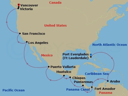 21 Night - Panama Canal & Pacific Coast - Island Princess - Starting in Fort Lauderdale, Florida, Aruba, Panama Canal Full Transit Historic Locks, Fuerte Amador, Panama (for Panama City), Puntarenas, Costa Rica, Puerto Chiapas, Mexico, Huatulco, Mexico, Puerto Vallarta, Mexico, Los Angeles, California, San Francisco, California, Victoria CA, Vancouver, Canada itinerary map