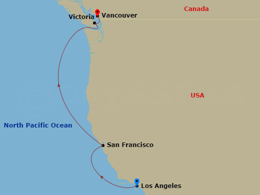5 Night - Pacific Coastal - Island Princess - Starting in Los Angeles, California, San Francisco, California, Victoria CA, Vancouver, Canada itinerary map