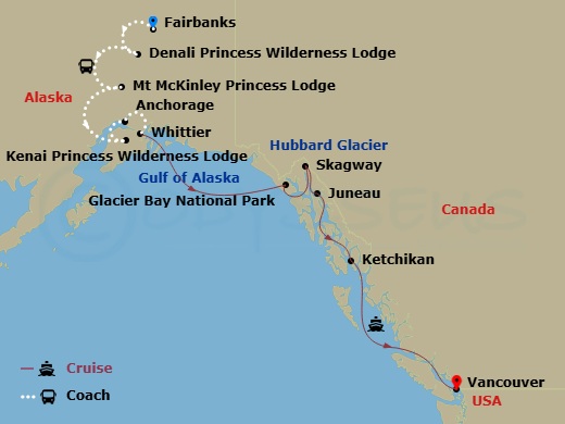 14 Night - Denali Explorer - Tour Pb7 - Island Princess Tours - Starting in Fairbanks, Denali Princess Wilderness Lodge, Mount Mckinley Princess Wilderness Lodge, Kenai Princess Wilderness Lodge, Anchorage (Whittier), Alaska, Hubbard Glacier (Scenic Cruising), Alaska, Glacier Bay National Park (Scenic Cruising), Alaska, Skagway, Alaska, Juneau, Alaska, Ketchikan, Alaska, Vancouver, Canada itinerary map