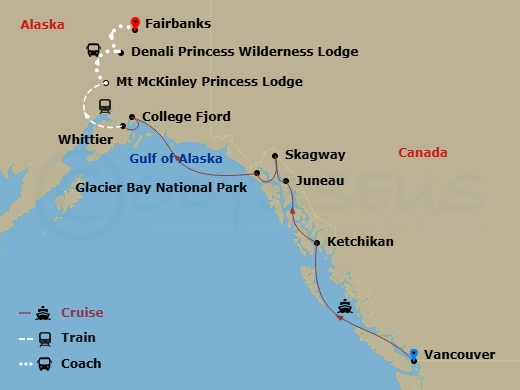 10 Night - Denali Explorer - Tour Ba3 - Coral Princess Tours - Starting in Vancouver, Canada, Ketchikan, Alaska, Juneau, Alaska, Skagway, Alaska, Hubbard Glacier (Scenic Cruising), Alaska, College Fjord (Scenic Cruising), Alaska, Anchorage (Whittier), Alaska, Mount Mckinley Princess Wilderness Lodge, Denali Princess Wilderness Lodge, Fairbanks itinerary map